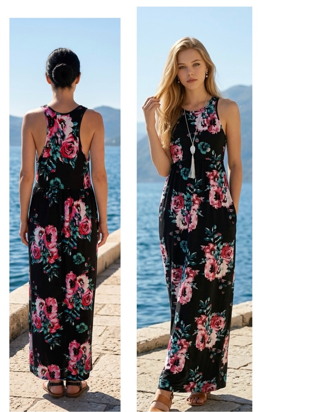 Grecerelle Women Sz XL Sleevless Floral Maxi Dress pullover Pockets multicolor